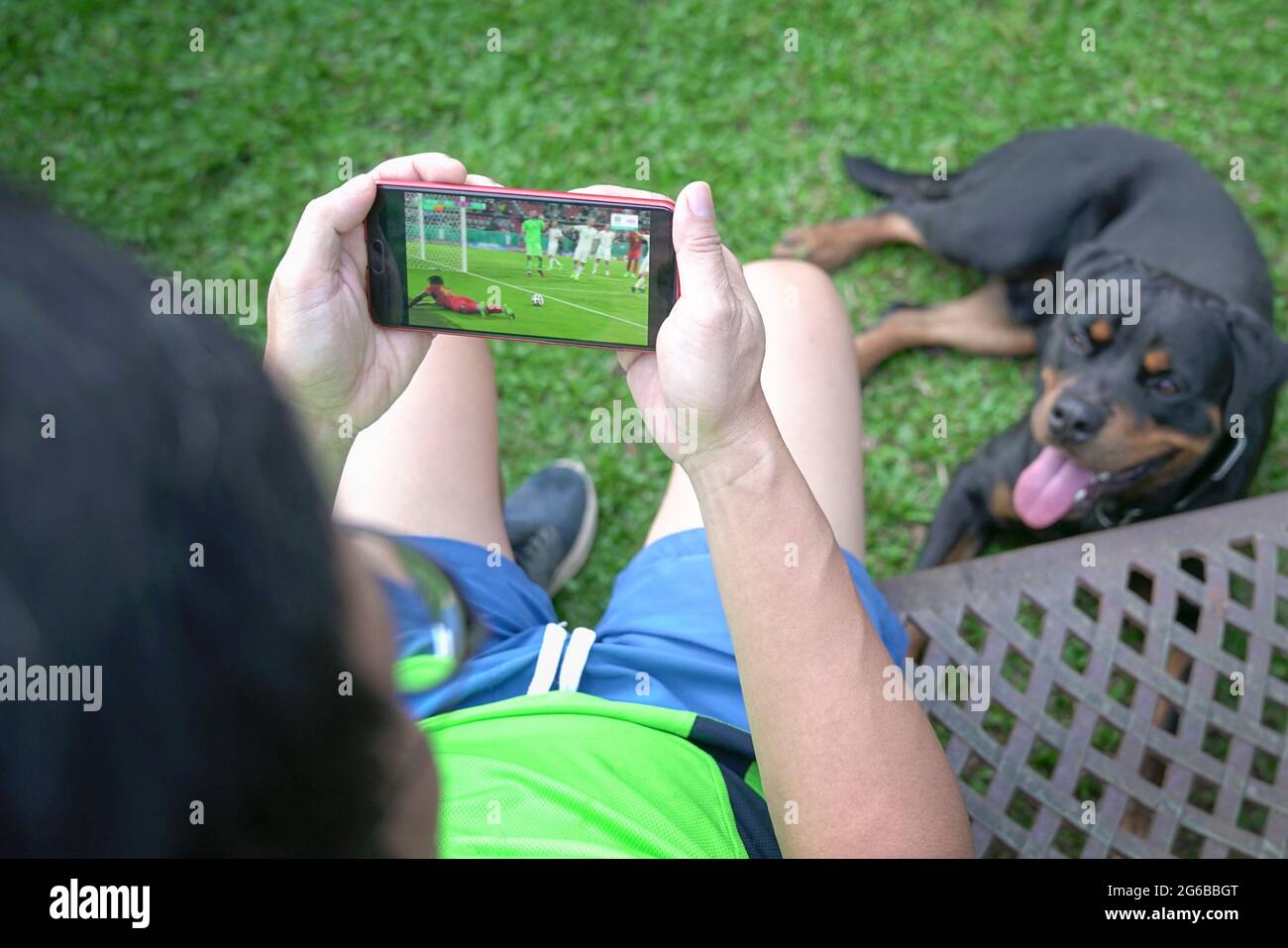 Mann, der Fußball und Sport auf dem Handy mit Hund an der Seite streamt.  Home Entertainment-Konzept Stockfotografie - Alamy