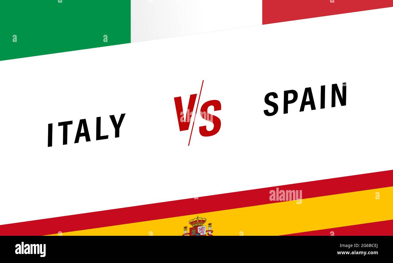 Italien gegen Spanien, VS-Briefe für Fußball-Wettbewerb-Banner. Fußballflaggen der italienischen und spanischen Nationalmannschaft auf weißem Hintergrund. Vektorgrafik Stock Vektor