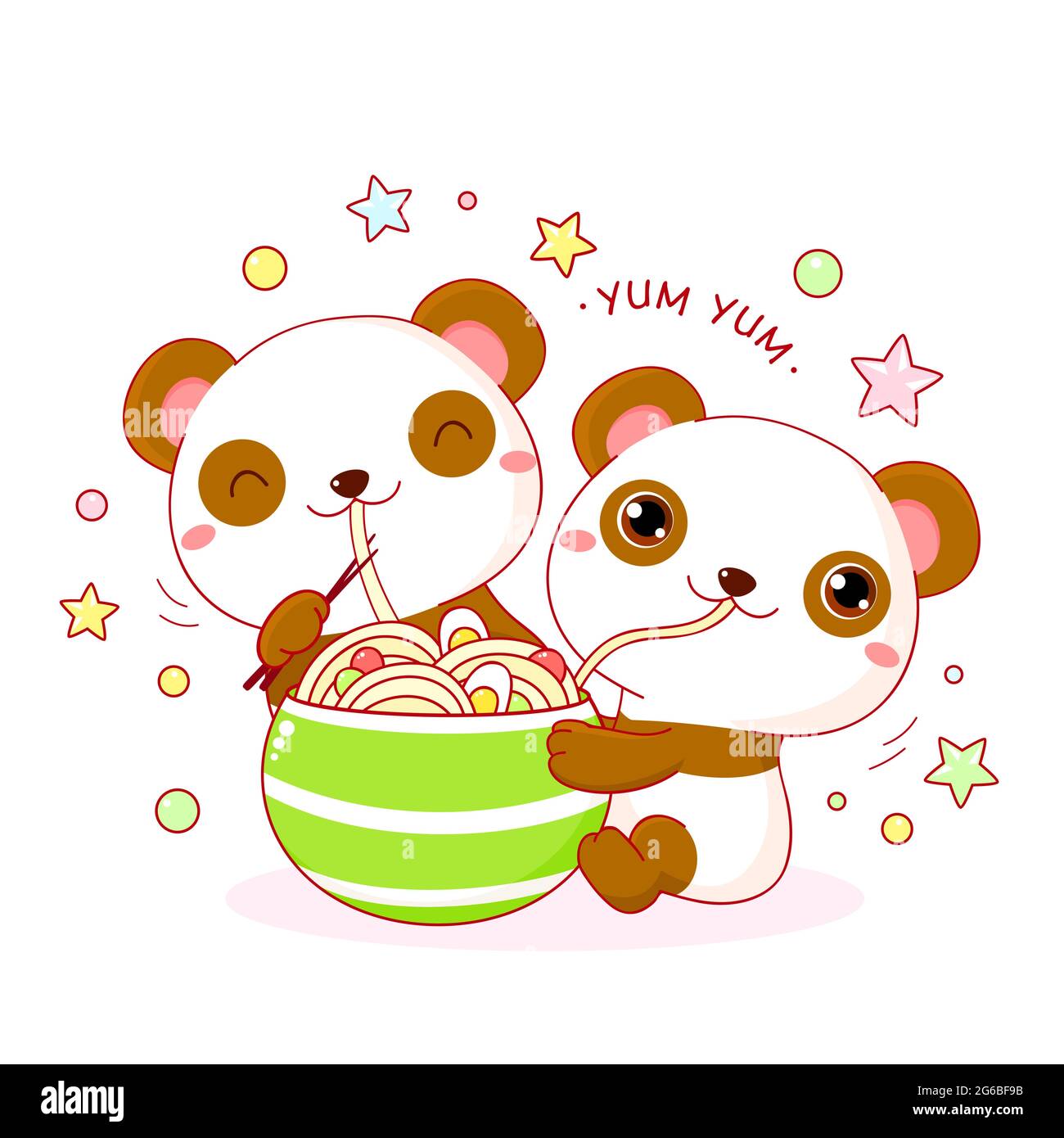 Süße Pandas essen Ramen-Nudeln. Inschrift Yum Yum. Zwei Freunde - Pandas sind glücklich, Nudeln zu essen. Illustration im Kawaii-Stil. Vektor EPS8 Stock Vektor