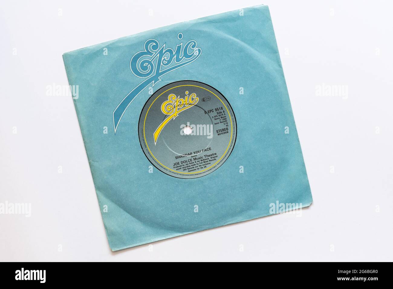 Shaddap You Face Neuheitensong von Joe Dolce Music Theater, ein Stock-Foto der 7' Single Vinyl 45 rpm Platte im Cover Stockfoto