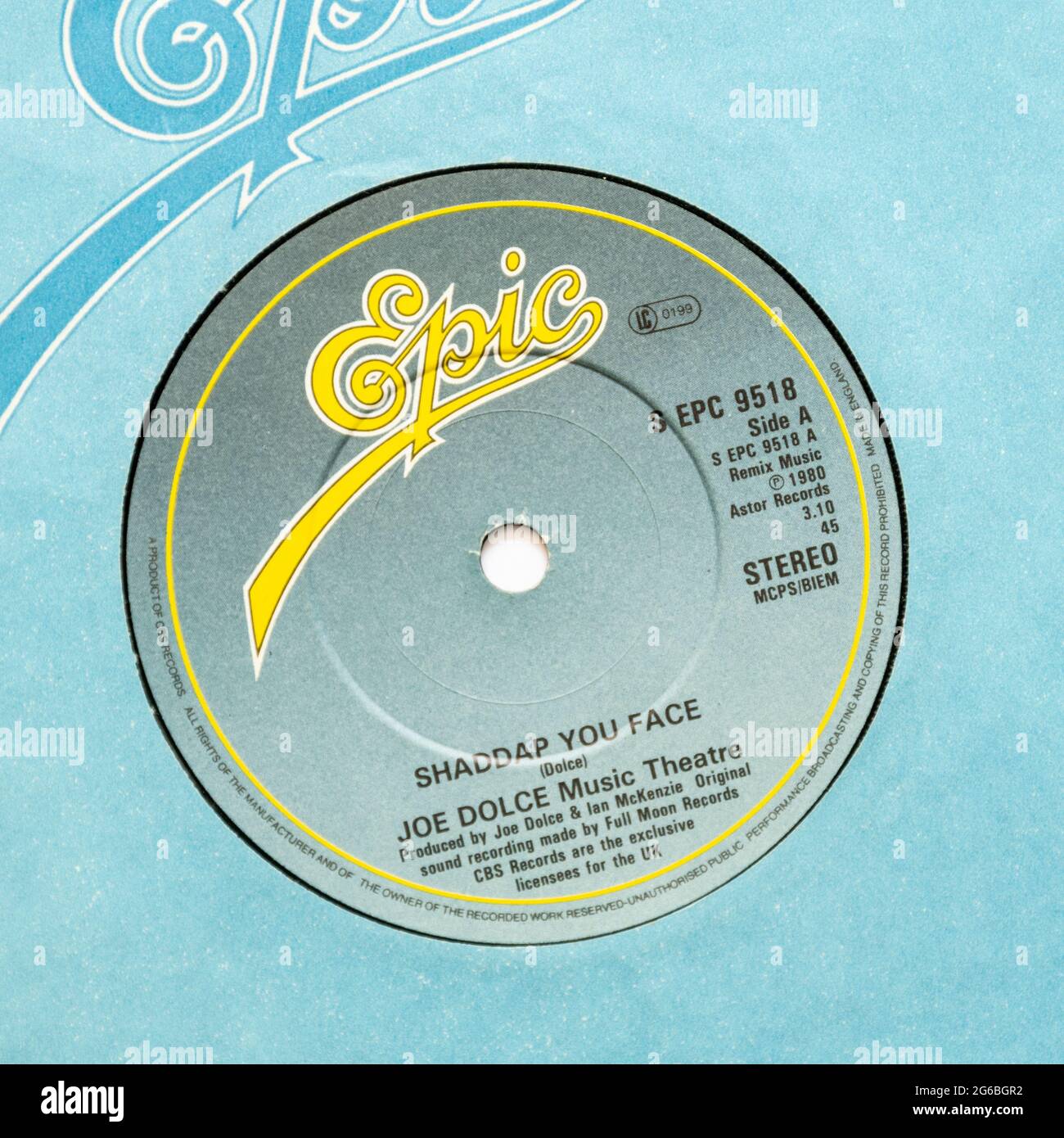 Shaddap You Face Neuheitensong von Joe Dolce Music Theater, ein Stock-Foto der 7' Single Vinyl 45 rpm Platte im Cover Stockfoto