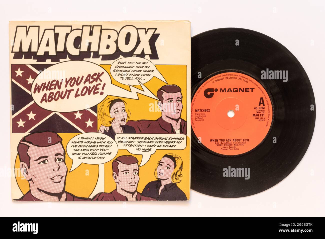 Wenn man nach Love by Matchbox fragt, ein Stock-Foto der 7' Single Vinyl 45 UpM Platte in Bilderhülle Stockfoto