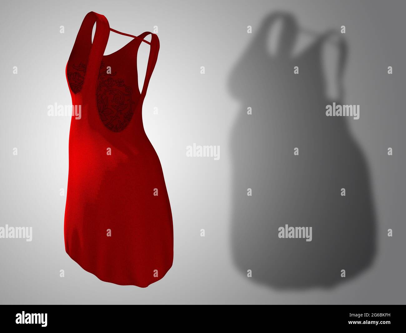 Conceptual Fat Übergewicht fettleibig Schatten weibliche Kleidung Outfit vs schlank fit gesunden Körper nach Gewichtsverlust oder Diät dünne junge Frau auf rot. Ein Fitness, nutr Stockfoto