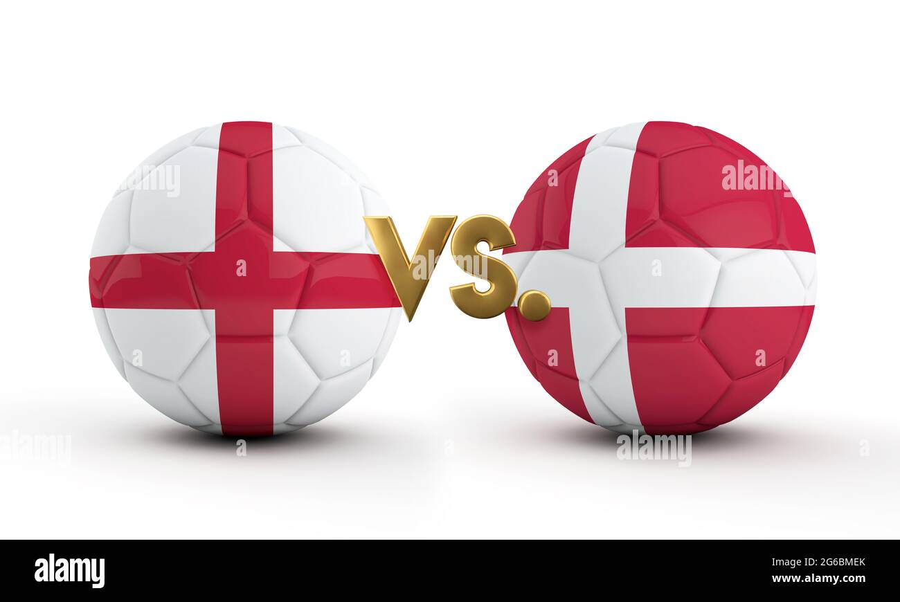 England Vs. Dänemark Fußballspiel. Flaggen mit Fußball. 3D-Rendering Stockfoto