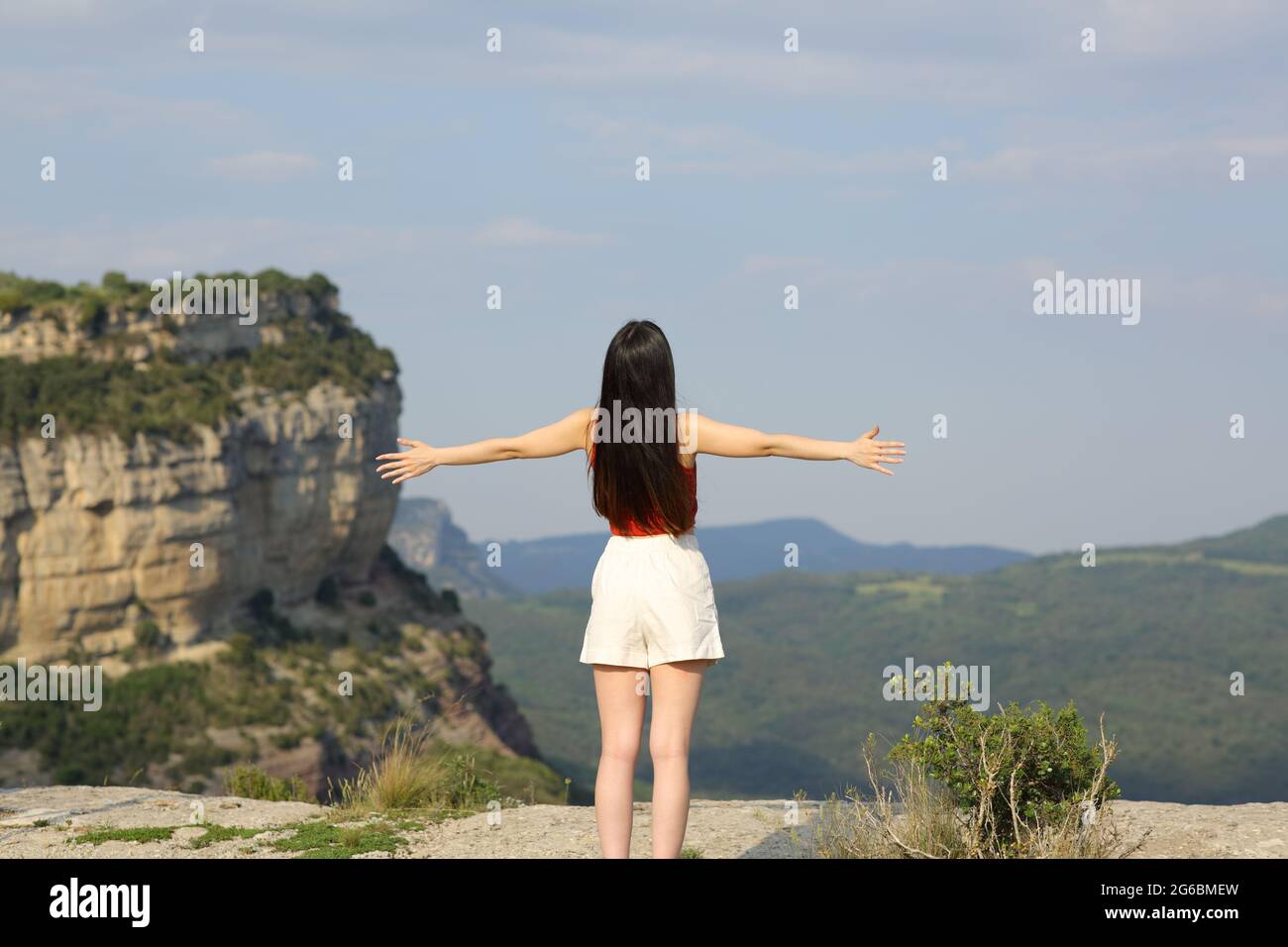 Rückansicht Porträt einer glücklichen Frau, die im Berg feiert Stockfoto