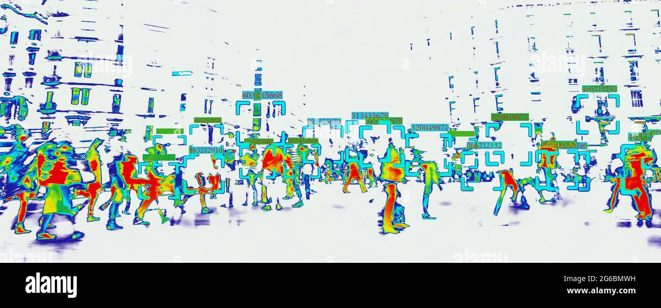 Gesichtserkennungstechnologie Konzept Abbildung: große Daten- und Sicherheit in der Stadt mit Masse Stockfoto