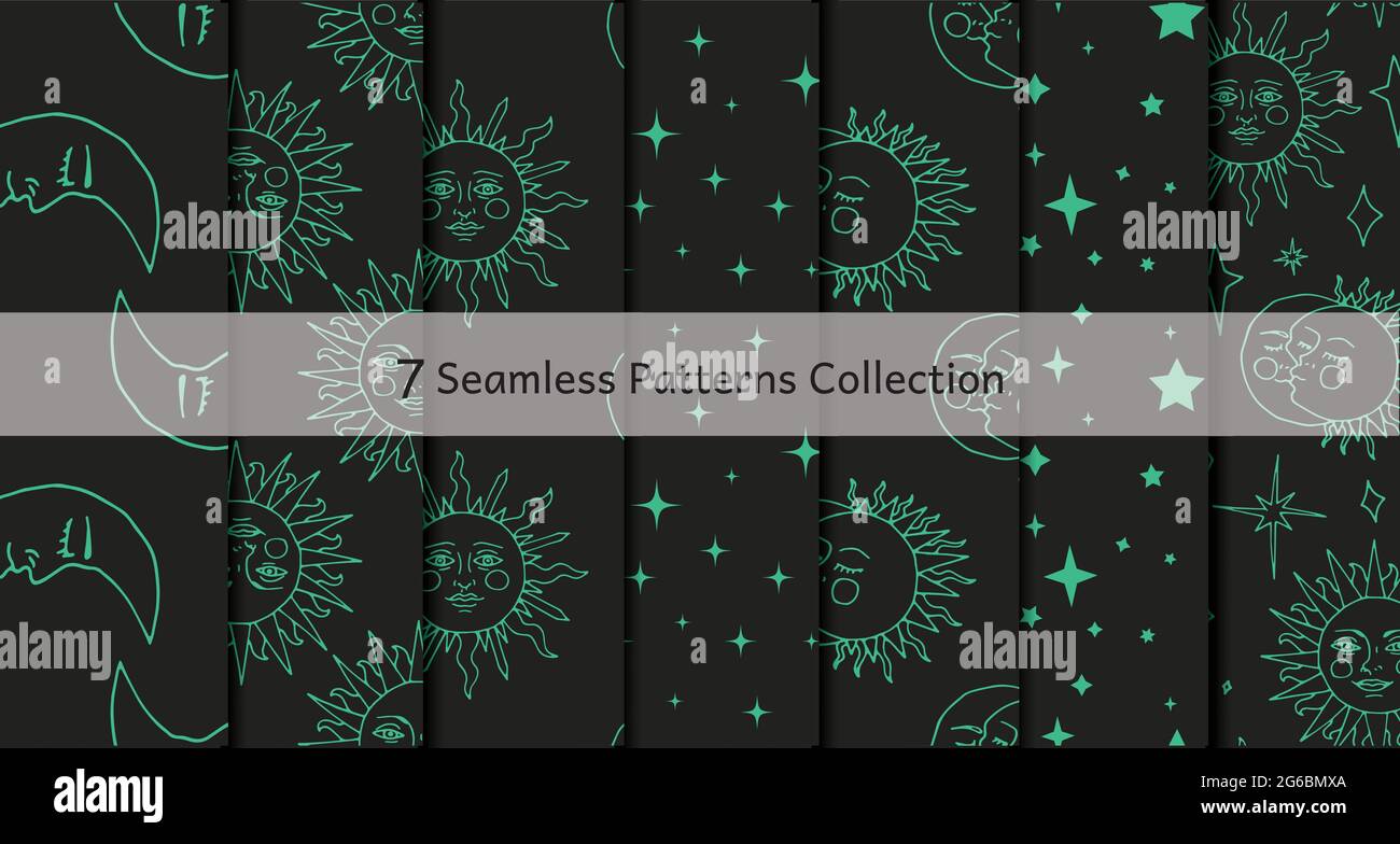 Monochrome, nahtlose Muster mit schwarzer Tinte, von Hand gezeichnete Sonne, Mond und Sterne auf schwarzem Hintergrund. Stock Vektor