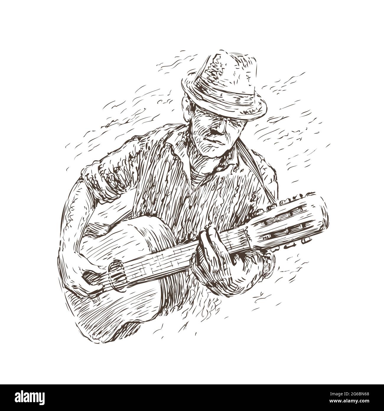 Mann spielt Gitarre. Live-Musik, Jazz-Festival-Konzept im Sketch-Vintage-Stil Stock Vektor