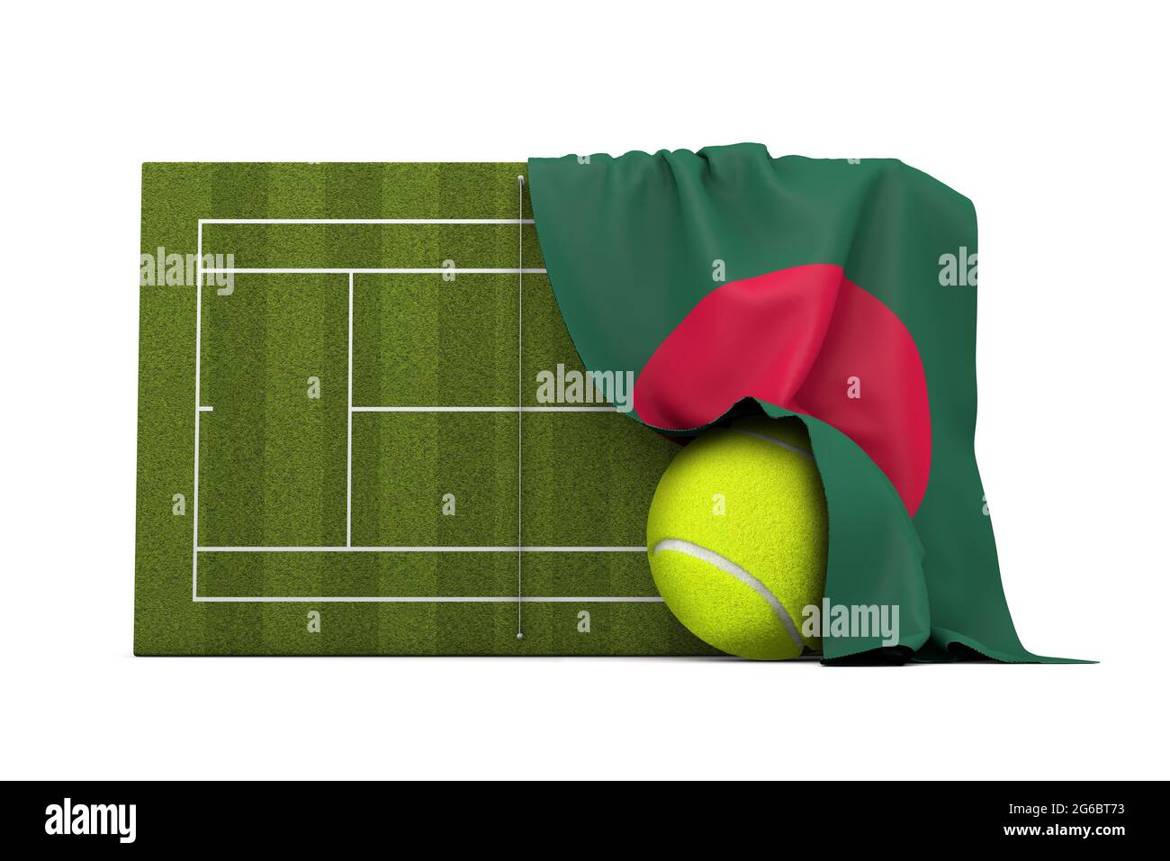 Bangladesch-Flagge drapierte über einem Rasen-Tennisplatz und Ball. 3D-Rendering Stockfoto