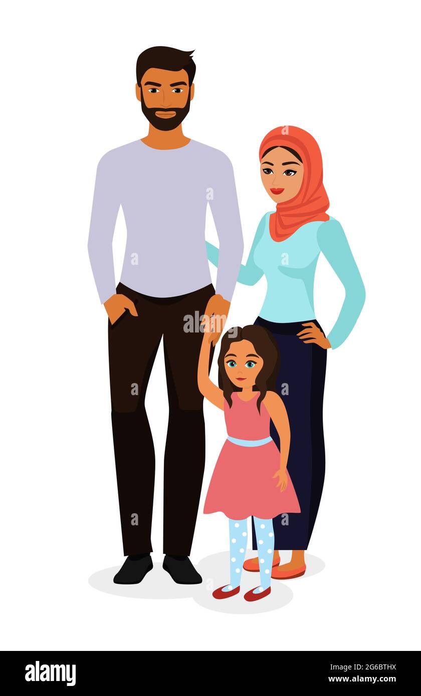 Vektor-Illustration von glücklichen und schönen arabischen Familie. Mutter in Hijab, Vater und Tochter im flachen Cartoon-Stil. Stock Vektor