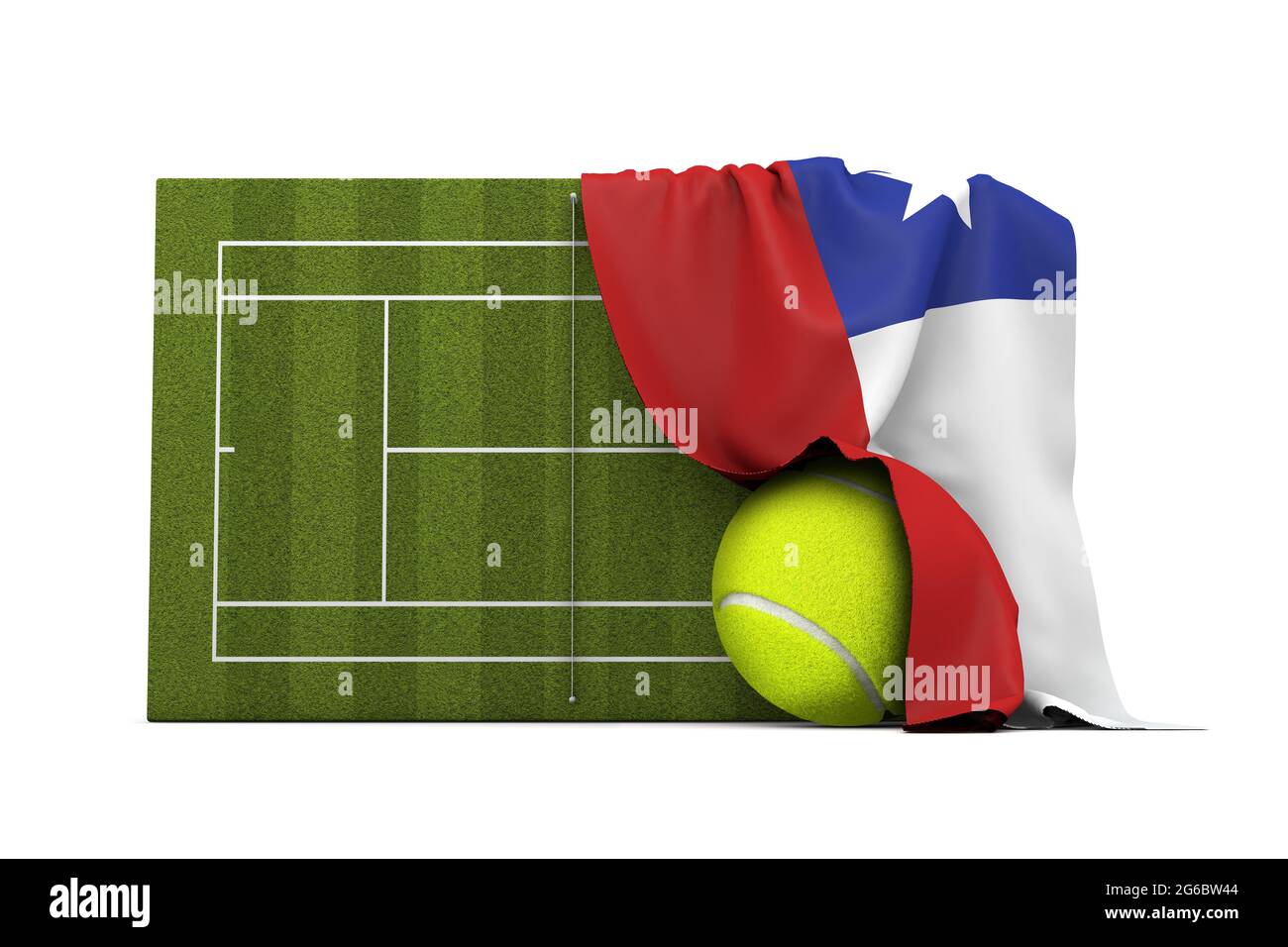 Die chilenische Flagge drapierte über einem Rasen-Tennisplatz und Ball. 3D-Rendering Stockfoto