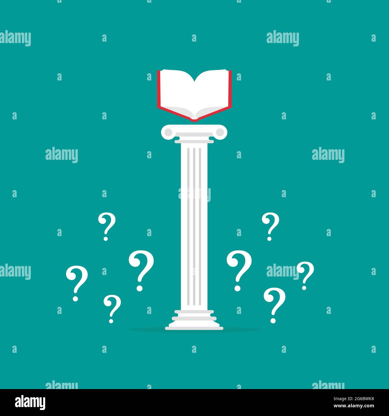 Griechische Kolumne mit offenem Buch und Fragen. Antike Säule. Bibliothek, Universität oder Enzyklopädie Konzept. Bildung, Wissen oder Neugier. Vektorgrafik Stock Vektor