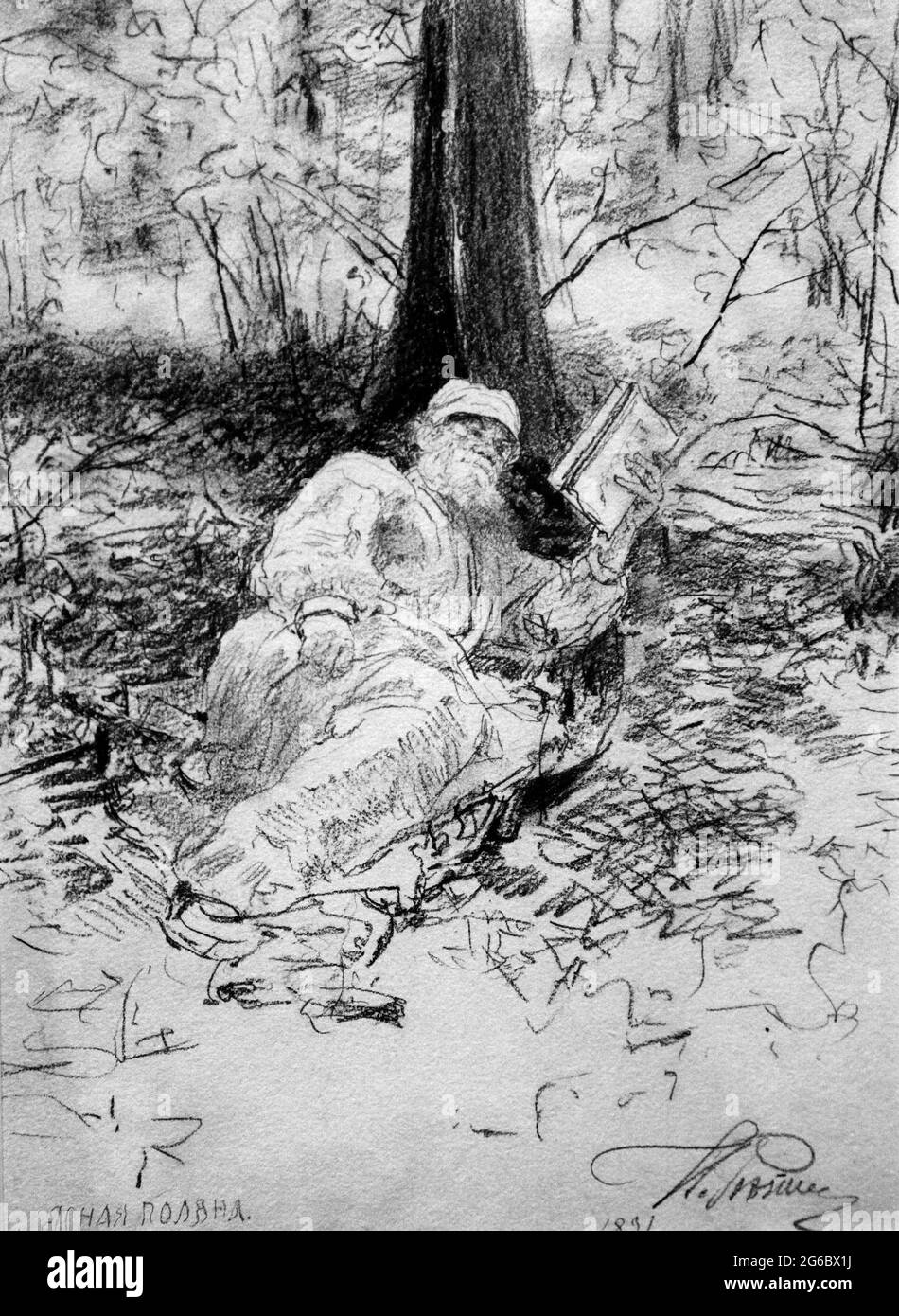 Leo Tolstoi im Wald entspannen 1891 Zeichnung der Künstlerin Ilya Repin