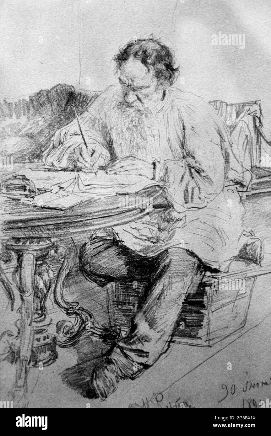 Leo Tolstoi arbeitet 1891 Zeichnung der Künstlerin Ilya Repin (1844