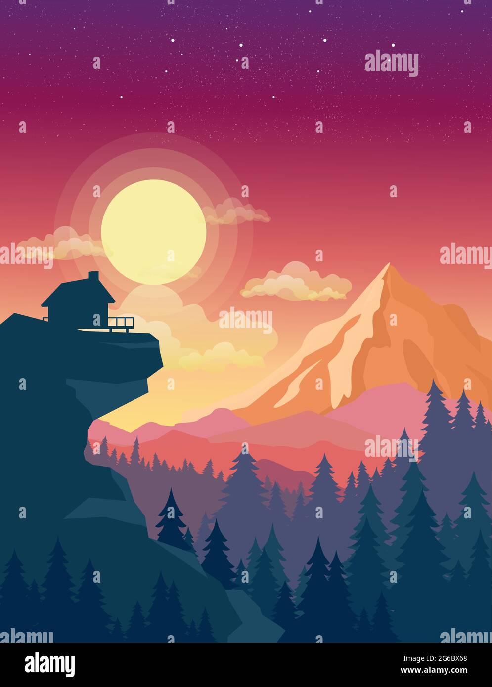 Vektor-Illustration des Hauses auf dem Berg mit schönen Sonnenuntergang in den Bergen Landschaft auf dem Hintergrund, Sonne und Wolken am Himmel in flachem Stil. Stock Vektor