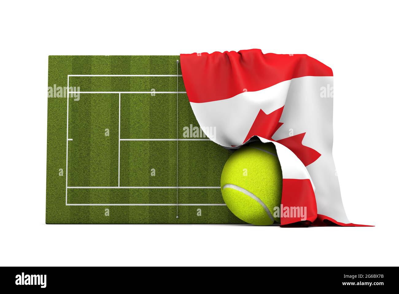 Kanadas Flagge drapierte über einem Rasen Tennisplatz und Ball. 3D-Rendering Stockfoto