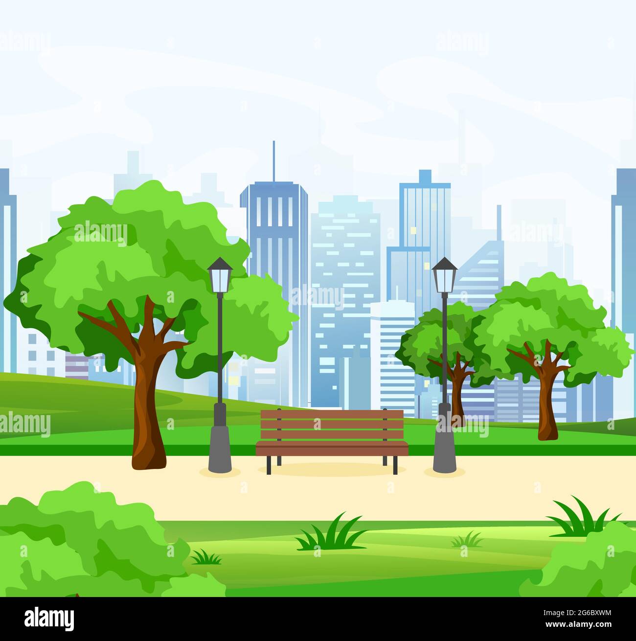 Vektor-Illustration von schönen öffentlichen Stadtpark mit Bäumen und Bank, Lichter und modernen Blick auf die Stadt im Hintergrund in flachem Stil. Stock Vektor