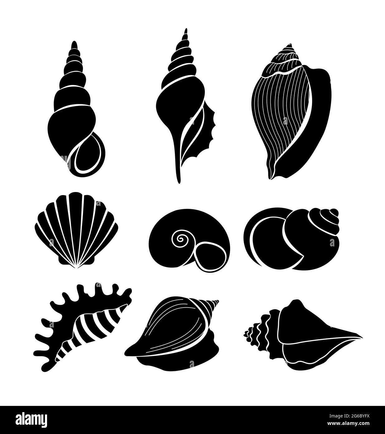 Vektor-Illustration Satz von Muscheln schwarzen Silhouetten isoliert auf weißem Hintergrund. Stock Vektor
