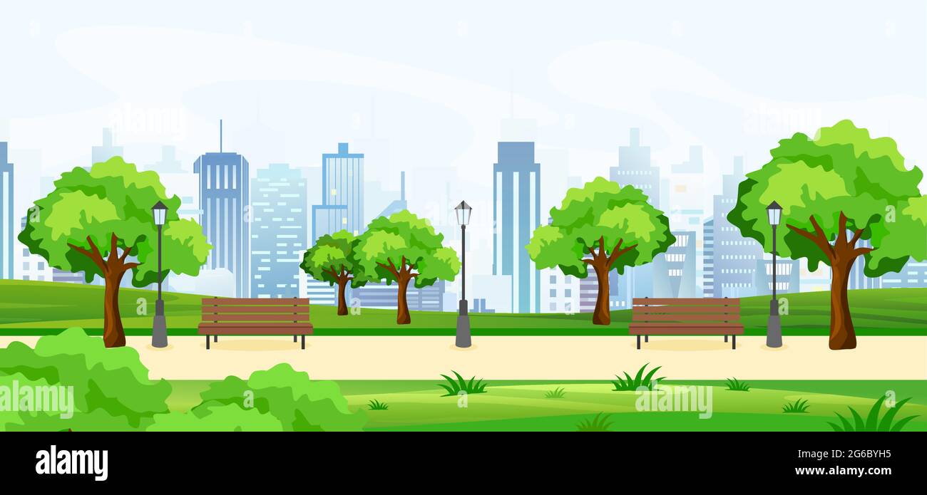 Vektor-Illustration eines schönen Sommerparks, mit grünen Bäumen und Bänken, Panoramablick auf große moderne Stadtlandschaft mit Wolkenkratzern. Flacher Cartoon Stock Vektor