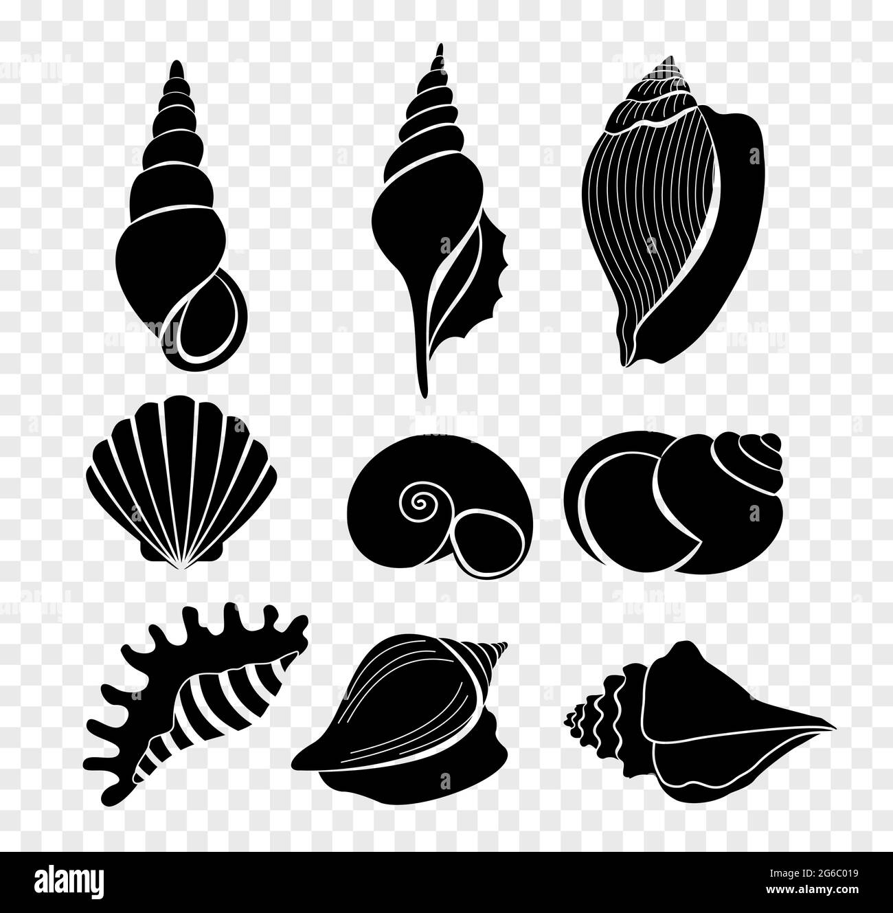 Vektor-Illustration Set von Muschelschalen Silhouetten isoliert auf transparentem Hintergrund. Stock Vektor
