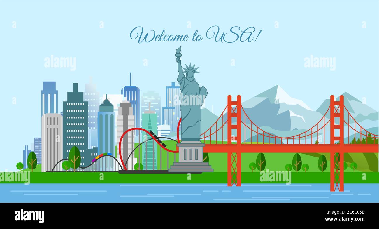 Vektordarstellung des Reisekonzepts, Willkommen in den USA. Poster der Vereinigten Staaten von Amerika mit den berühmtesten Gebäuden. Stock Vektor