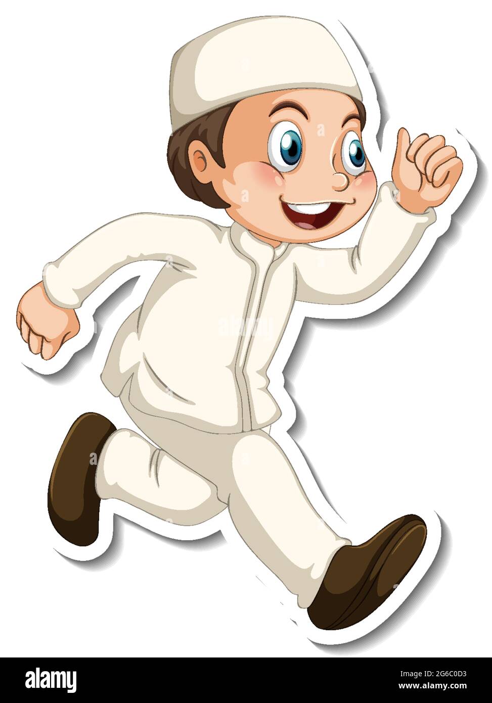 Eine Stickervorlage mit einem muslimischen Jungen in Walking Pose Cartoon-Figur Illustration Stock Vektor