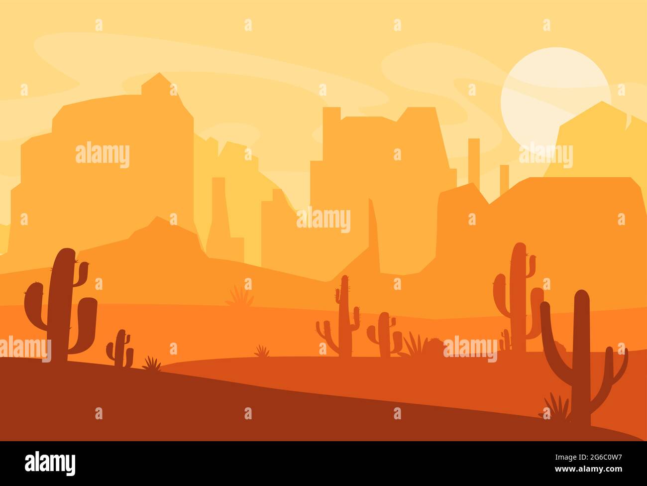 Vektor-Illustration der Western Texas Wüste Silhouette. Wilde westamerika-Szene mit Sonnenuntergang in der Wüste mit Bergen und Kakteen im flachen Cartoon-Stil. Stock Vektor