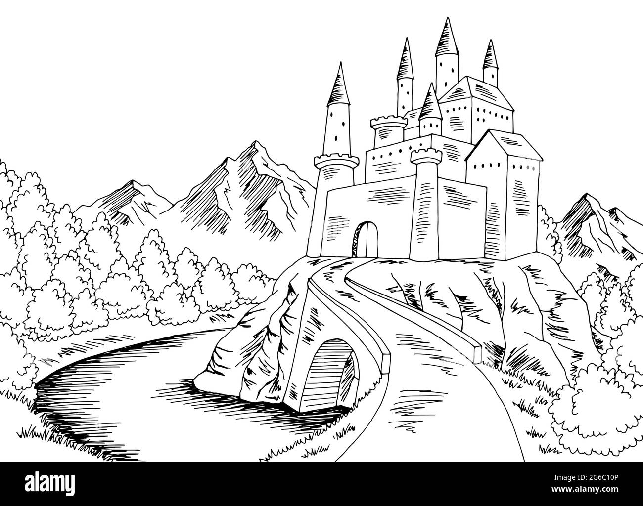 Burg Straße Grafik schwarz weiß Landschaft Skizze Illustration Vektor Stock Vektor