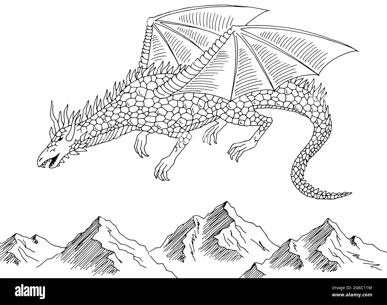 Drache fliegt über den Berg Grafik schwarz weiß Landschaft Skizze Illustration Vektor Stock Vektor