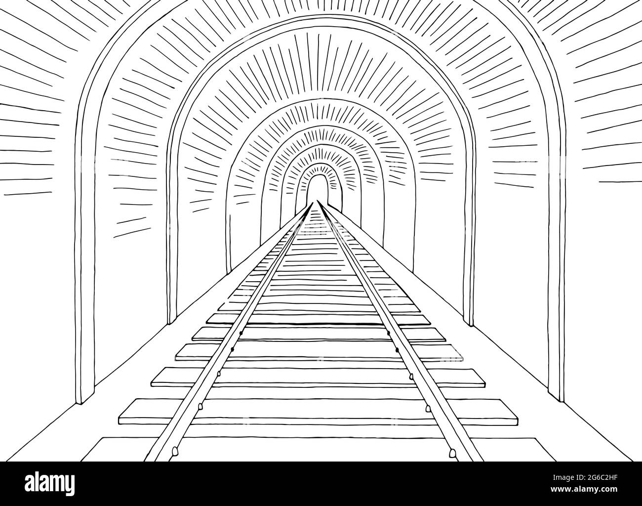 Eisenbahntunnel Ausfahrt Eisenbahngrafik schwarz weiß Skizze Illustration Vektor Stock Vektor