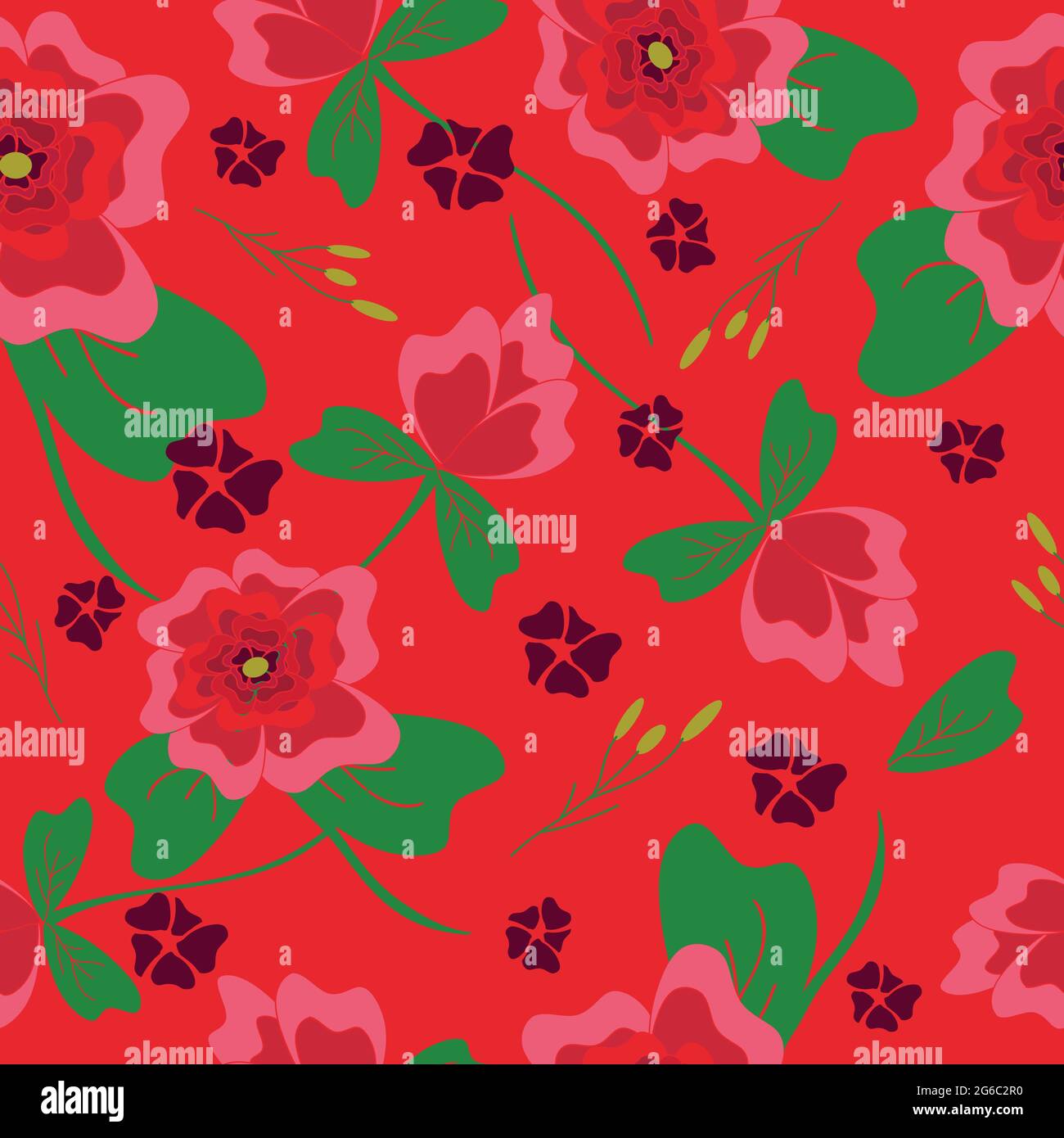 Nahtloses Vektor-Muster mit rosa Blüten auf rotem Hintergrund. Schöne romantische Tapetendesign. Florale Mode Textil. Stock Vektor