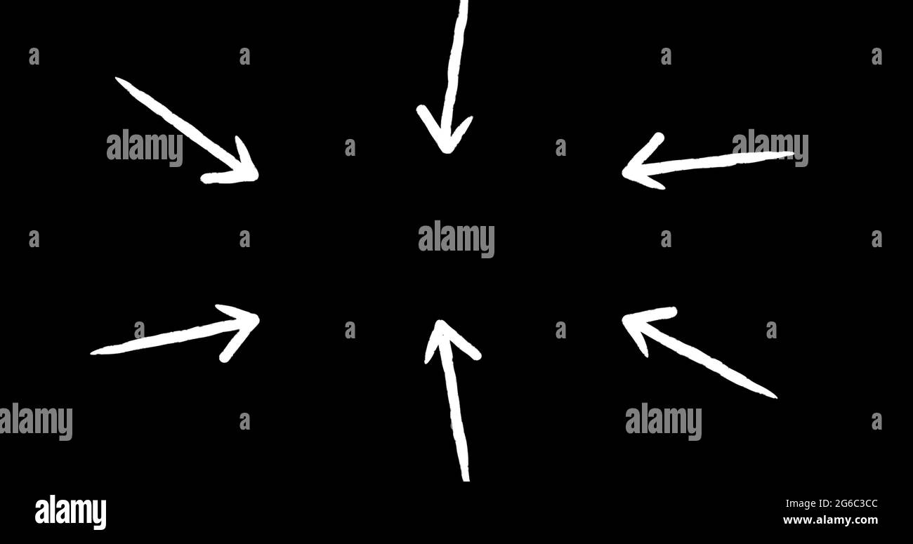 Abbildung von sechs weißen Pfeilen, die auf schwarzem Hintergrund nach innen zeigen Stockfoto