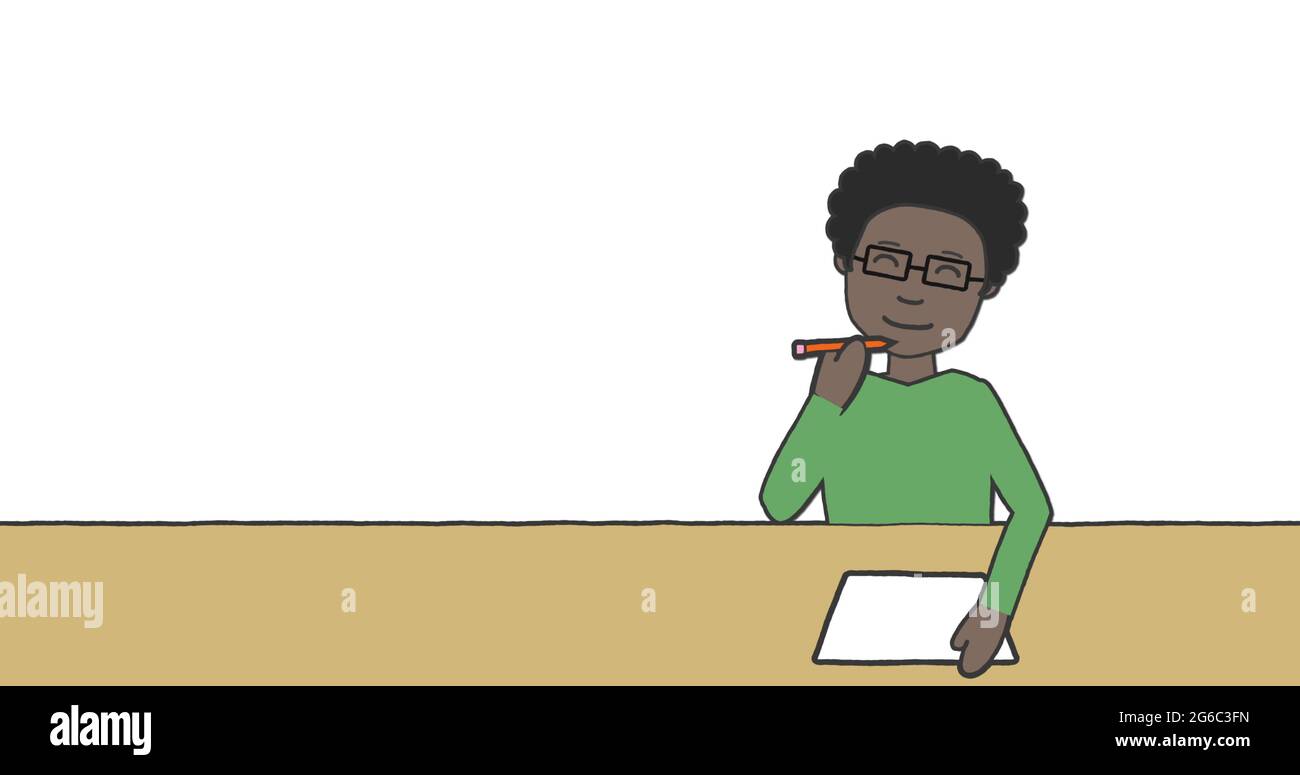 Bild der Illustration eines Schuljungen, der am Schreibtisch sitzt und auf weißem Hintergrund schreibt Stockfoto
