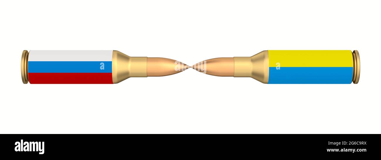 Beziehung zwischen Russland und der Ukraine auf weißem Hintergrund. Isolierte 3D-Darstellung Stockfoto