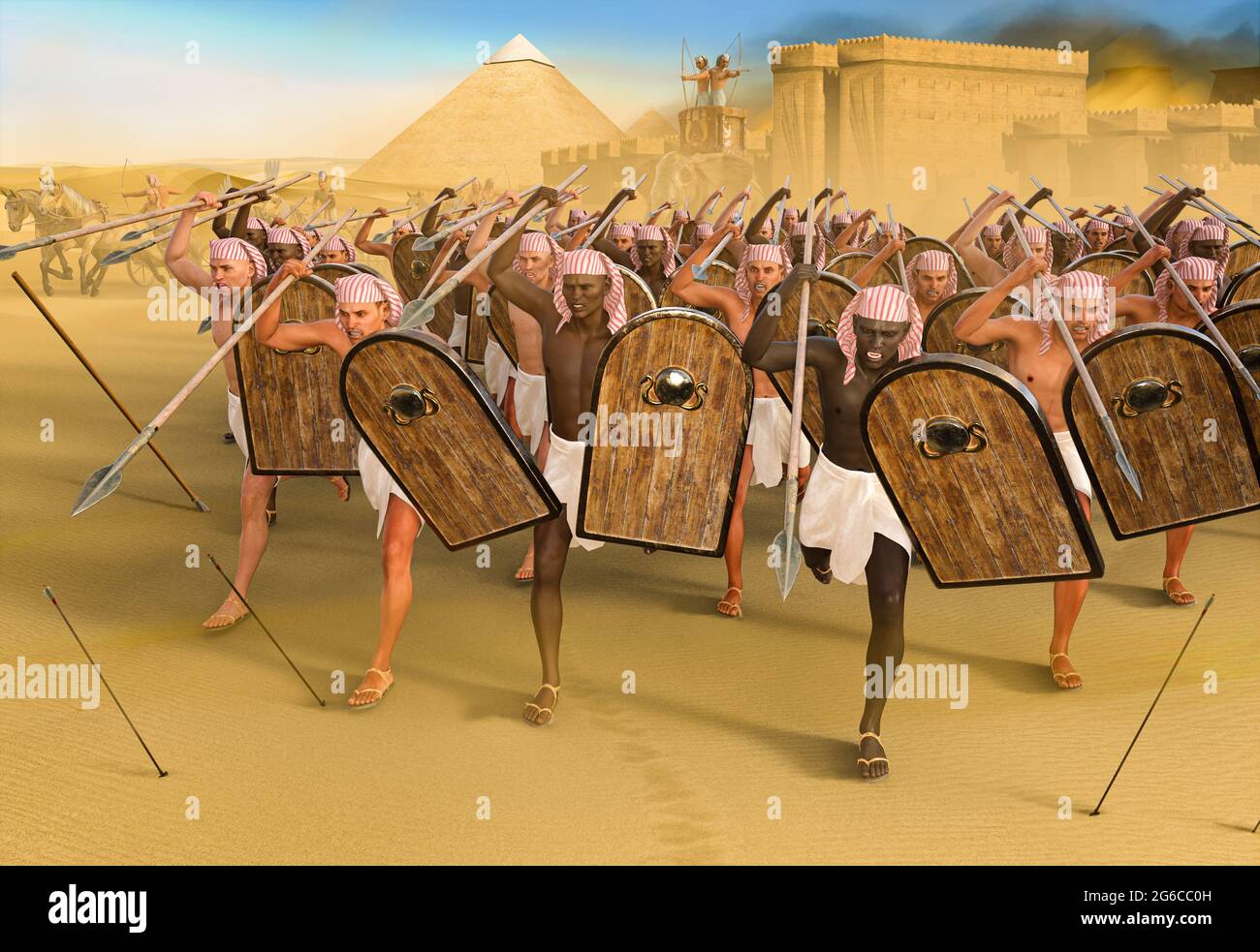 Alte Pharao ägyptischen Speer Werfer Soldaten während eines Breakout-Angriff aus einer Stadt, Pyramiden im Hintergrund, 3D rendern. Stockfoto