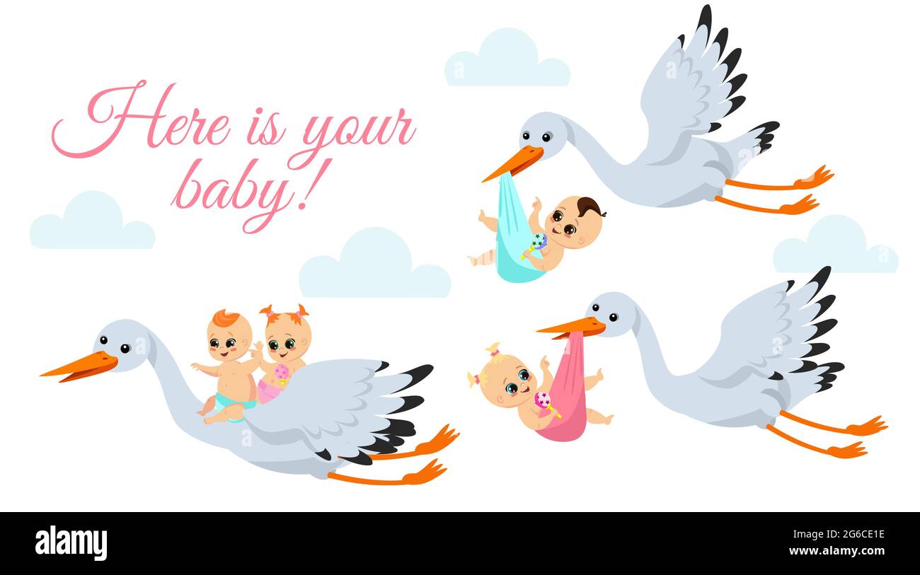 Vektor-Illustration von glücklichen fliegenden Störchen mit neugeborenen Babys. Storch Vögel tragen Babyboy und Babygirl in Taschen in Cartoon-Flat-Stil. Stock Vektor