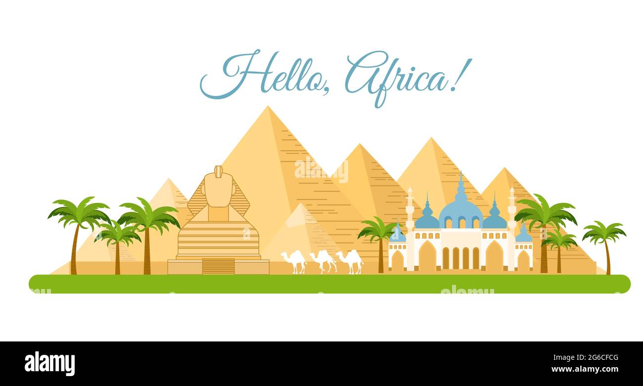 Vektordarstellung des Afrika-Reisekonzepts. Pyramidensymbol von Ägypten, Hintergrund Hallo Afrika, Tourismus- und Reisekonzept im flachen Stil. Stock Vektor