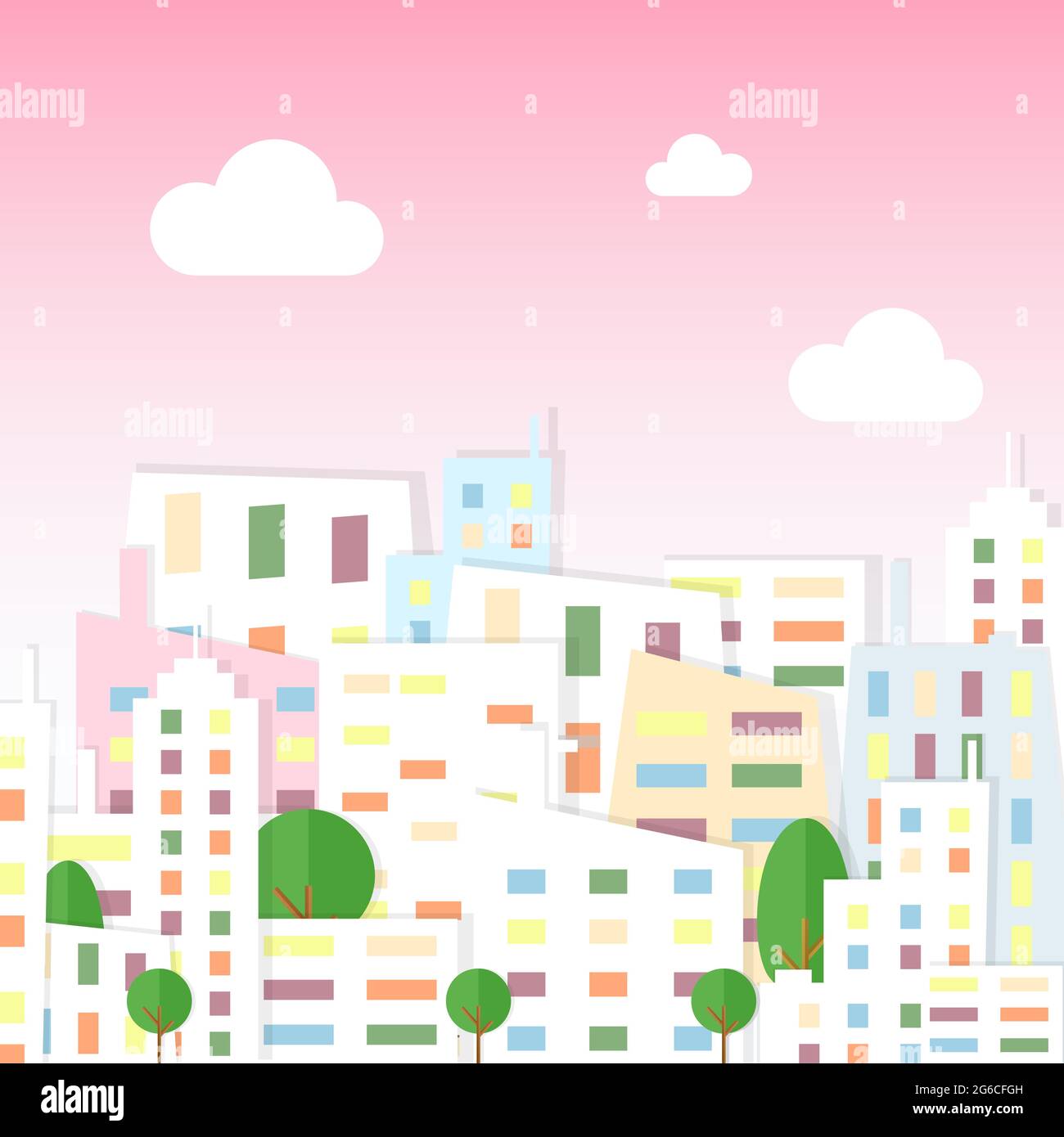 Vektor-Illustration von Papier Stadtansicht in Cartoon-Flat-Stil. Stadt mit Häusern und Bäumen auf rosa Himmel Hintergrund. Stock Vektor