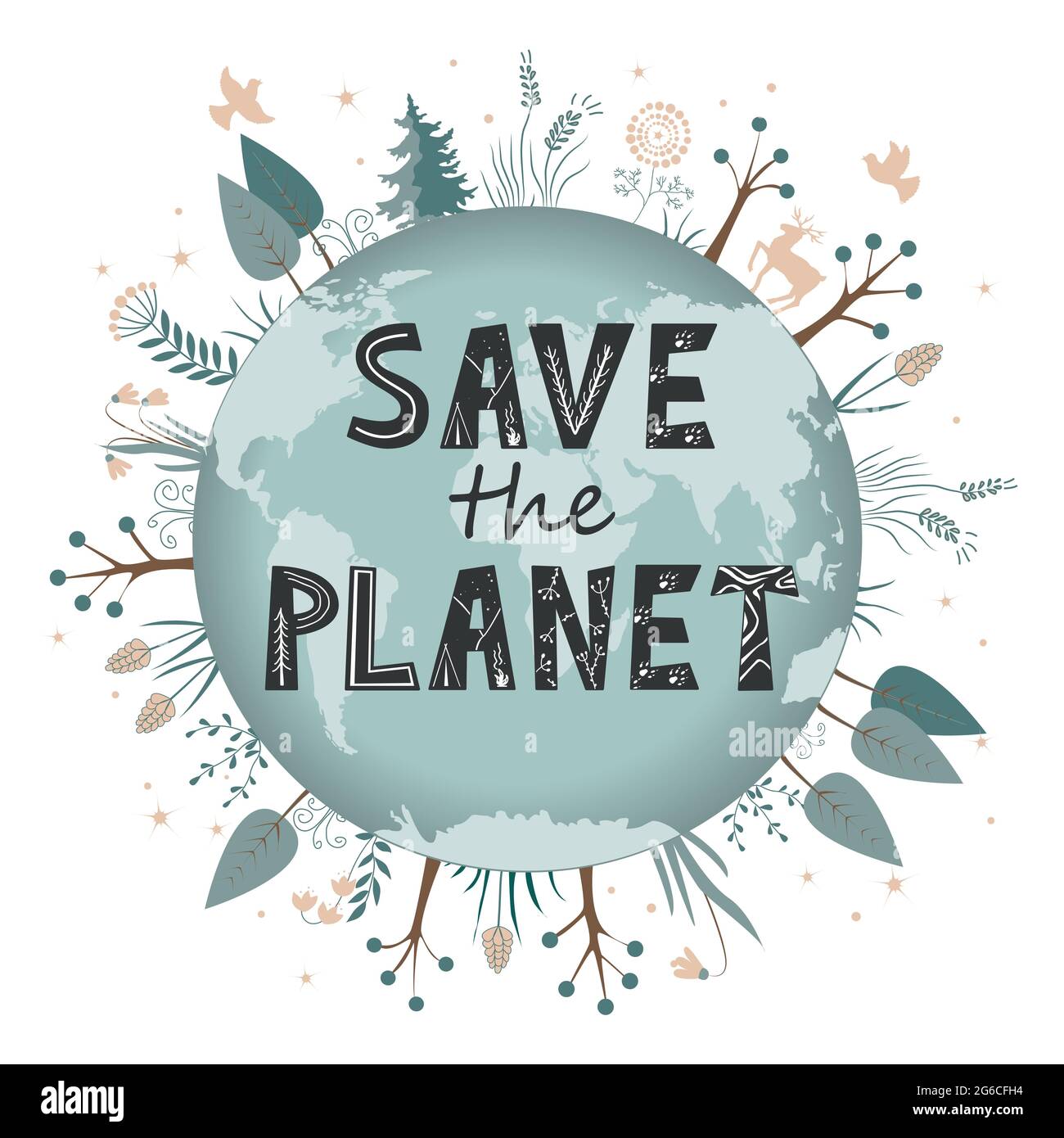 Rette unseren Planeten Erde, Ökologie Umweltschutz, Klimawandel, Earth Day April 22. Vektor-isolierte Illustration, skandinavische Schriftzüge Stock Vektor