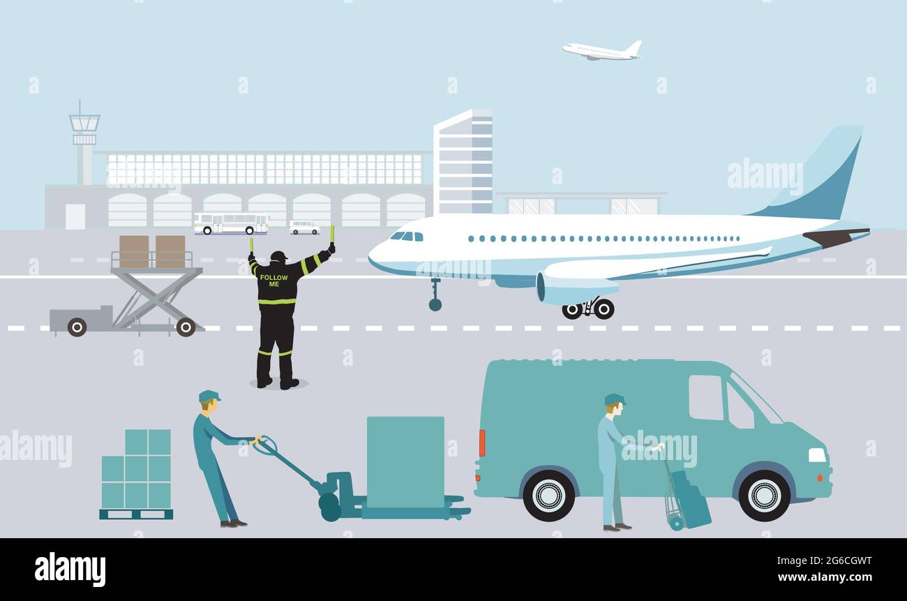 Luftfracht am Flughafen auf dem Asphalt mit Flugzeug Stock Vektor