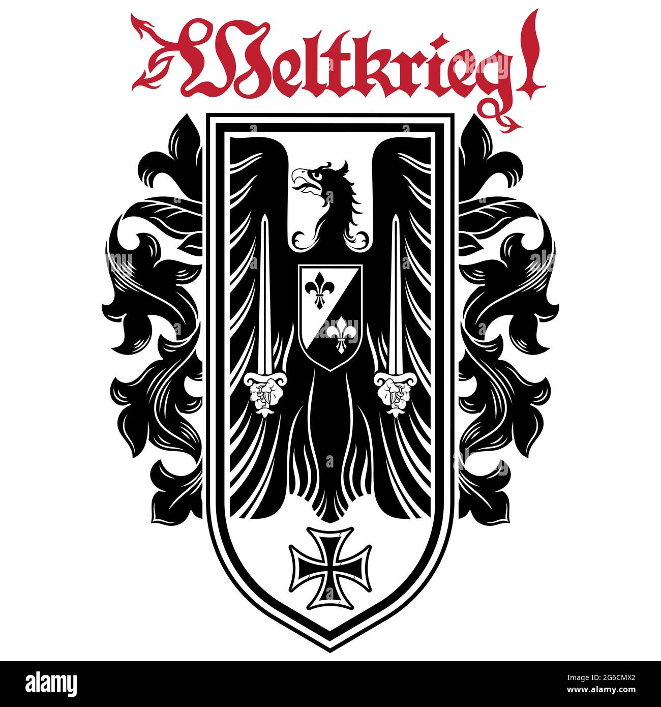 Ritterdesign. Wappentier mit Schwertern, Eisenkreuz und Inschrift - Weltkrieg Stock Vektor