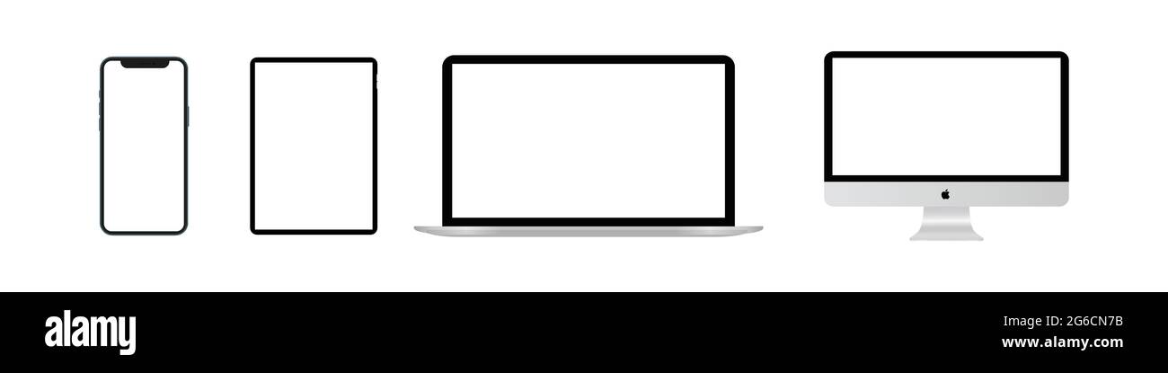 Richten Sie Mockup-Computer, Laptop, Tablet, Smartphone ein. Realistische isolierte Vektorvorlagen Stock Vektor