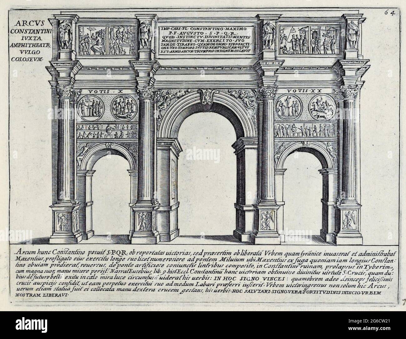 Der Konstantinbogen ist ein Triumph. Er wurde um 315 Uhr Chr. zum Gedenken an den Triumph von Konstantin I. über Maxentius in der Schlacht an der Milvisischen Brücke errichtet, historisches Rom, Italien, Splendore Dell' Antica Roma: The splendors of Rome, circa 1625 / Historic Rome, Italy, the Arch of Constantine is a Triumphal Arch. Es wurde C. 315 n. Chr. zum Gedenken an den Triumph Konstantins I. bei seinem Sieg über Maxentius in der Schlacht an der Milvianischen Brücke, Historisch, historisch, digital verbesserte Reproduktion eines Originals aus dem 17. Jahrhundert / digitale Produktion einer O Stockfoto