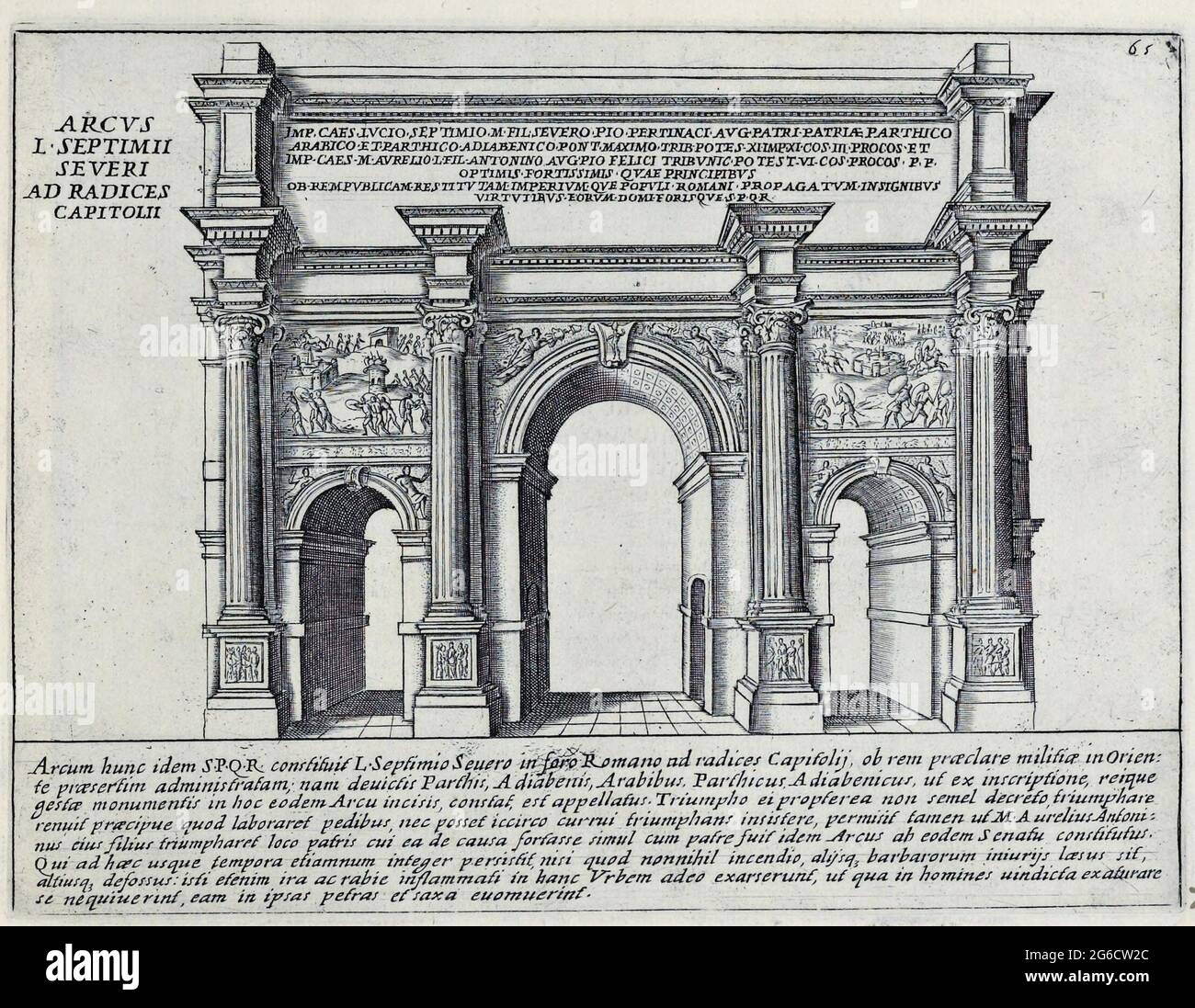 Der Bogen des Septimius Severus. This groese and gut erhaltener Bogen concerned on the Forum Romanum. Er wurde 203 n. Chr. zu Ehren des Kaisers Septimus Sevrius und seiner Söhne, Geta und Caracalla, errichtet, historisches Rom, Italien, Splendore Dell' Antica Roma: Die Pracht Roms, um 1625 / historisches Rom, Italien, der Bogen des Septimius Severus. Dieser große und gut erhaltene Bogen befindet sich im Forum Romanum. Es wurde 203 n. Chr. zu Ehren von Kaiser Septimus Sevrius und seinen Söhnen Geta und Caracalla errichtet, historische, historische, digitale, verbesserte Reproduktion eines Originals aus dem 17. jahrhundert n. chr. Stockfoto