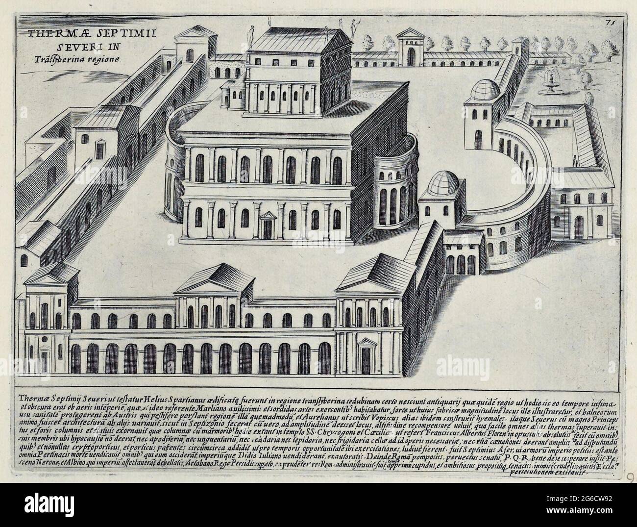 Thermae Septimii Severi in Transtiberina Regione, die Bäder des Septimius Severus in der Transtiberina Region. Mögliche gab es zwei von Septimius Severus erbaute Bäder, historisches Rom, Italien, Splendore Dell' Antica Roma: The Splendors of Rome, circa 1625 / Historic Rome, Italy, Thermae Septimii Severi in Transtiberina Regione, the baths of Septimius Severus in the Transtiberina Region. Es gab möglicherweise zwei Bäder, die von Septimius Severus gebaut wurden, historisch, historisch, digital verbesserte Reproduktion eines Originals aus dem 17. Jahrhundert / digitale Produktion einer Originalvorlage au Stockfoto