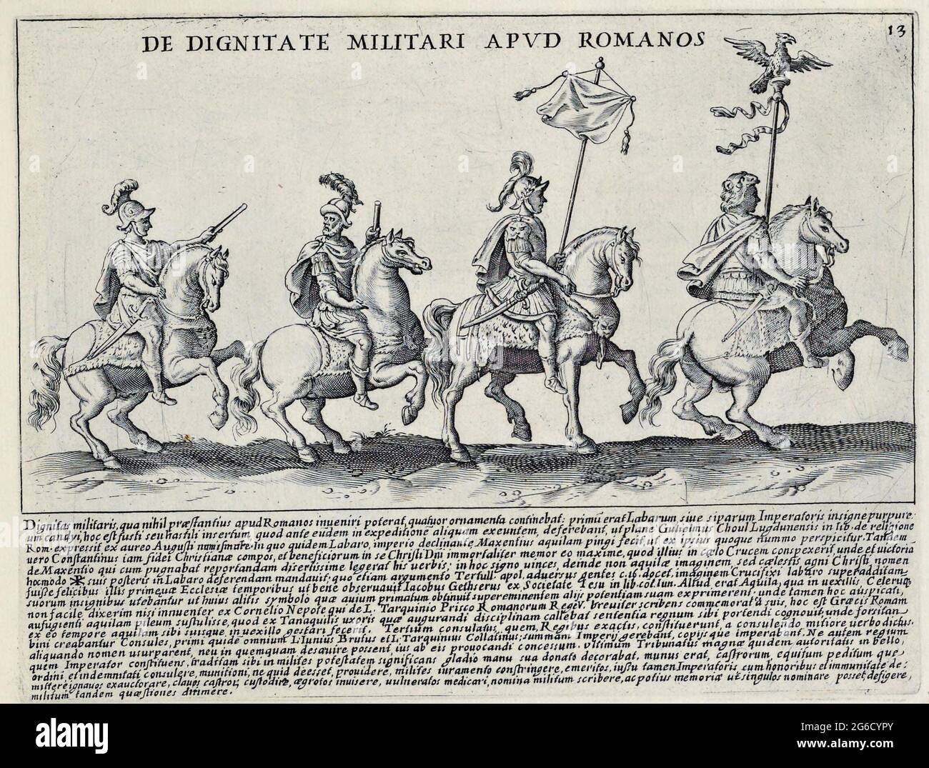 Das Bild beschreibt eine militarische Prozession, bei der führenden Reiter oder Aquilifer eine Aquila oder einen Adler trägt, die wichtigste Standarte für die römische Legion. Eine Reihe anderer Standarten wurden ebenfalls verwendet und services zu, Einheiten im Kampf zusammenhalten, historisches Rom, Italien, Splendore Dell' Antica Roma: Die Pracht von Rom, um 1625 / historisches Rom, Italien, das Bild beschreibt eine militärische Prozession mit dem führenden Reiter oder Aquilifer mit einem Aquila oder Adler, die der wichtigste Standard für die römische Legion war. Eine Reihe anderer Standa Stockfoto