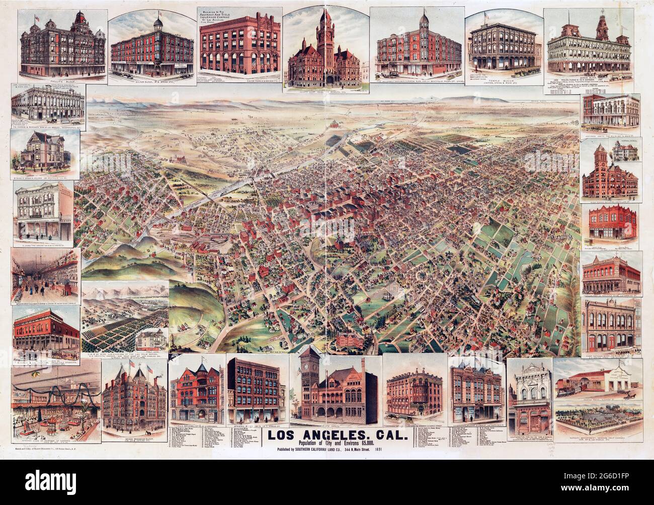 Los Angeles 1891, Kalifornien, USA. Bevölkerung der Stadt und der Umgebung 65,000. Digital verbessert. Aus der Vogelperspektive. Panoramakarte / Karte. Elliott, H. B. Stockfoto