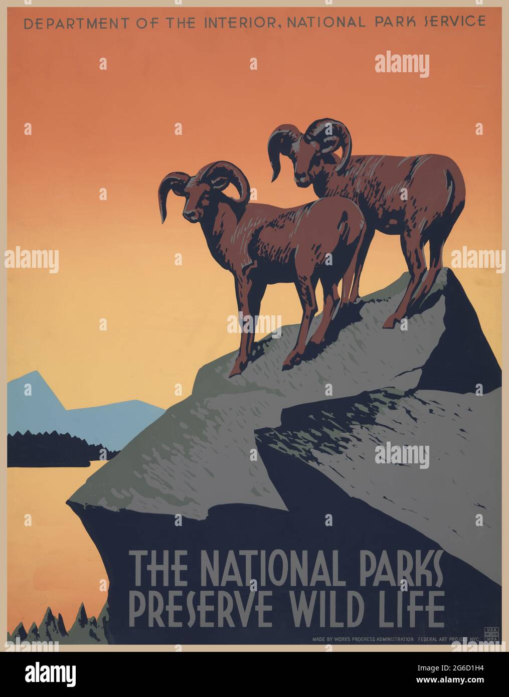 National Park Preserve Wild Life Poster 1938. Abteilung für den Innendienst des Nationalparks. Reiseposter. Tourismus. WPA. Poster von J. Hirt. Stockfoto