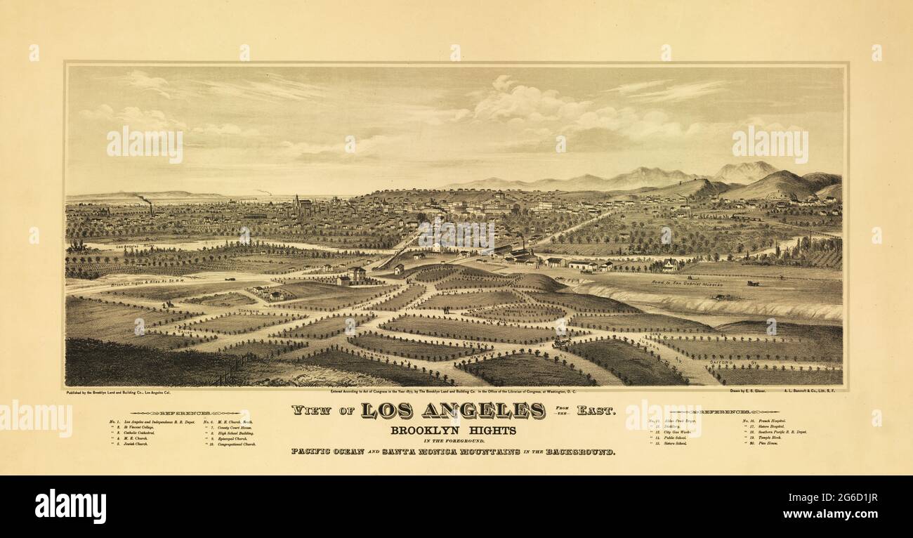 Blick von Osten auf Los Angeles. Brooklyn Hights. Pazifik und Santa Monica Mountains im Hintergrund. Gezeichnet von E.S. Glover. 1877. Stockfoto