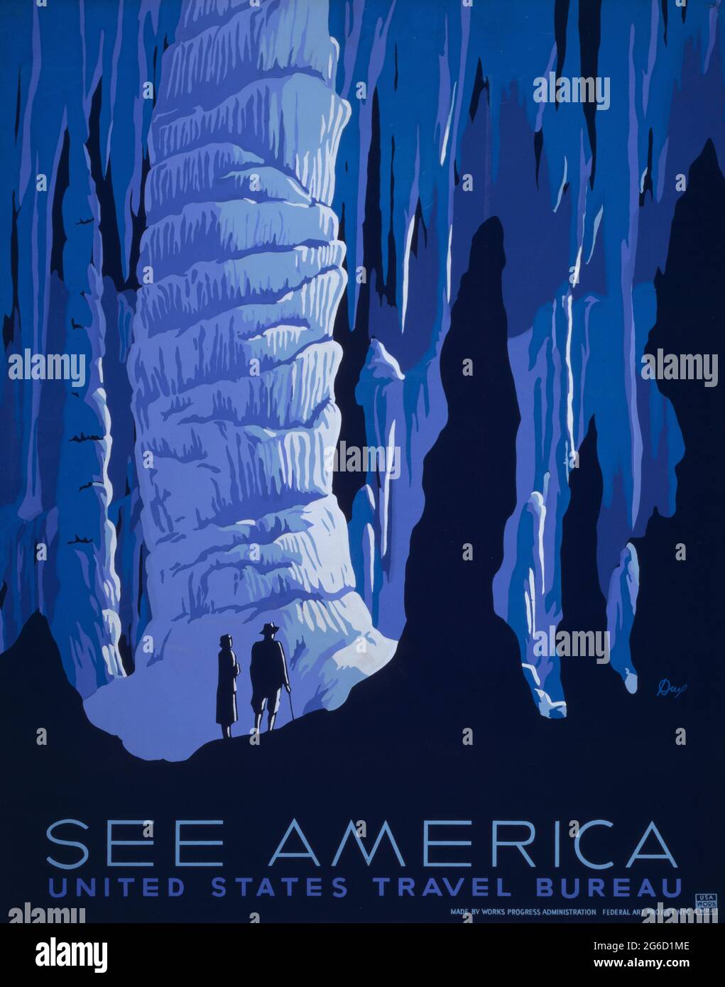 Reiseposter SIEHE AMERICA, United States Travel Bureau. WPA-Poster Ca 1937. Zwei Besucher in einer Höhle. Stockfoto